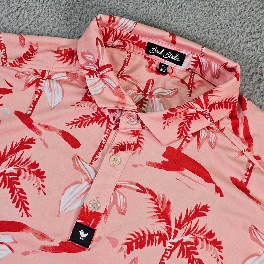 Bad Birdie Polo Shirt Mens XL Pink Tropical Palm Print Golf Performance Stretch